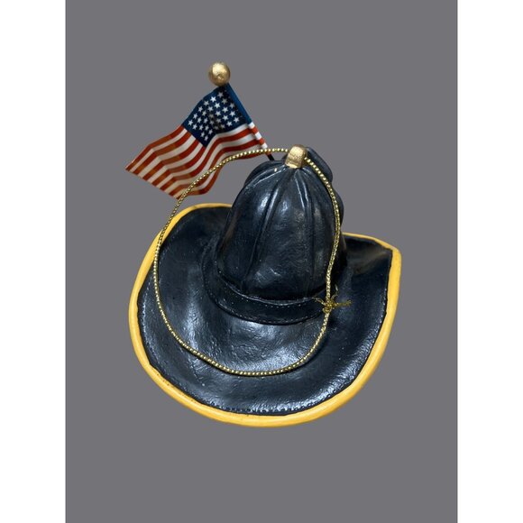 Firefighter Helmet Ornament With American Flag FD 1 Design Black & Yellow Resin - Picture 7 of 11